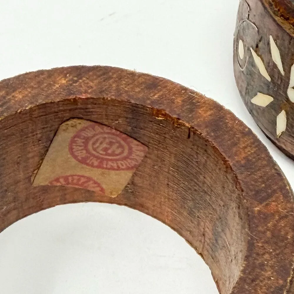 Vintage Wooden Flower Inlay Made In India Napkin Rings Set Of Four